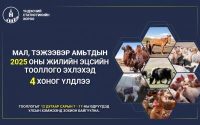 УЛС ОРОН ДАЯАР МАЛ, ТЭЖЭЭВЭР АМЬТДЫН  2025 ОНЫ ЖИЛИЙН ЭЦСИЙН ТООЛЛОГО ЭХЛЭХЭД  4 ХОНОГ ҮЛДЛЭЭ.